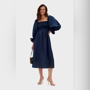 Sleeper Strapless Navy Dress with Voluminous Sleeves
